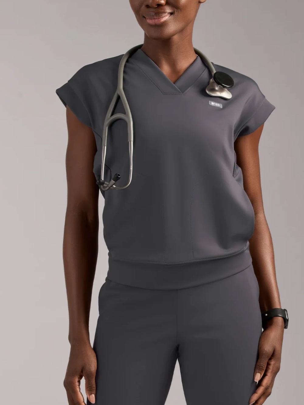 Figs Mira Banded Scrub Top - Charcoal